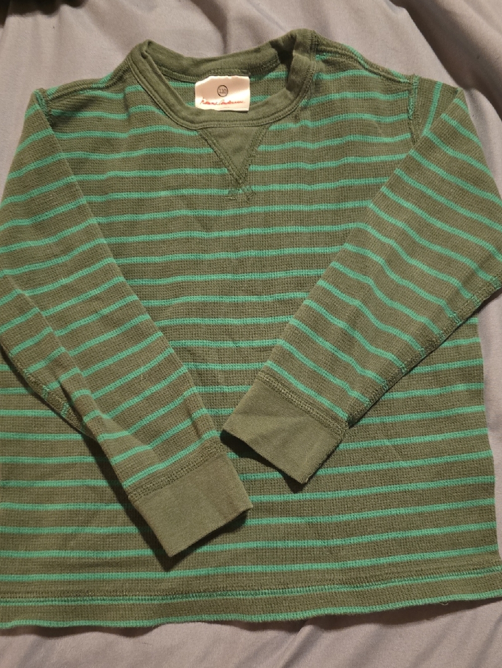 Hanna Andersson Olive Green & Teal Striped Waffle Knit Top